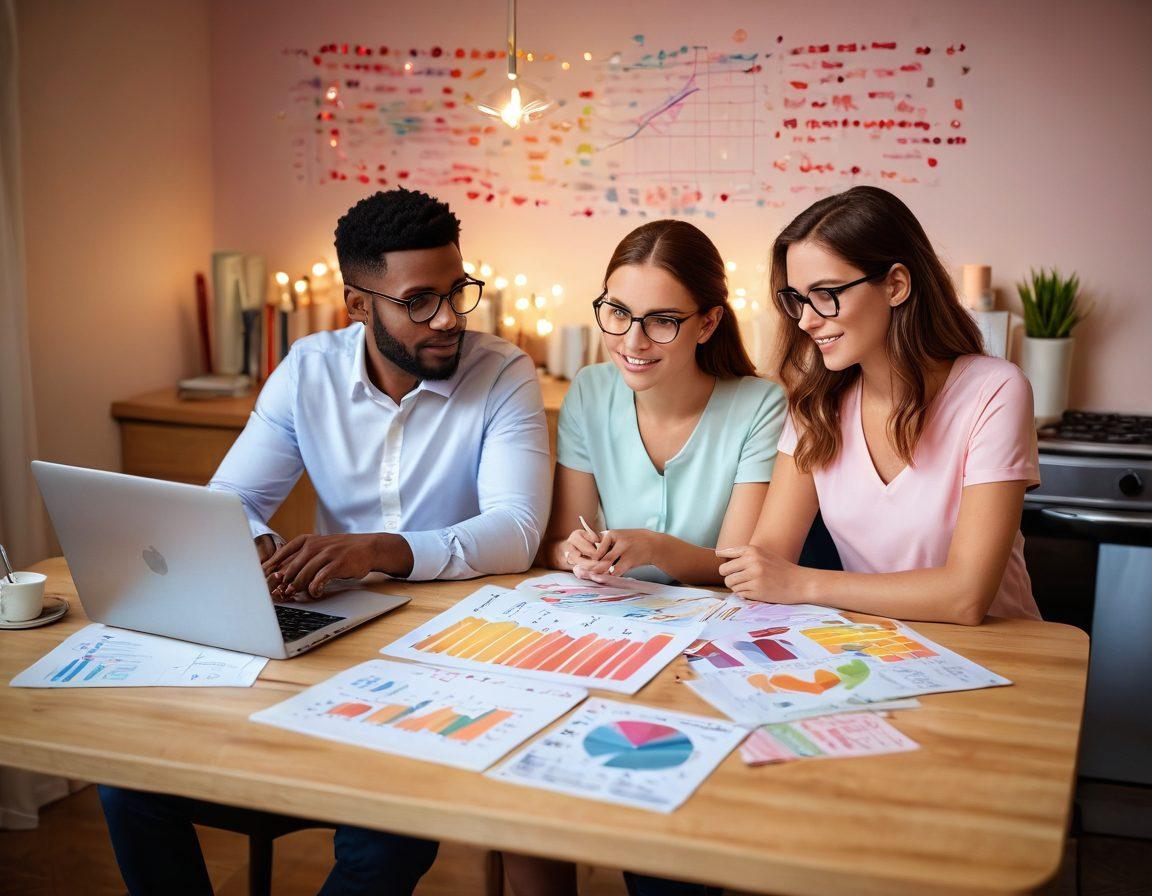 A harmonious couple sitting together at a beautifully set table, reviewing their finances with colorful graphs and charts on a laptop, surrounded by glowing hearts symbolizing love and financial growth. Soft pastel colors and warm lighting create an inviting atmosphere. Incorporate elements of financial literacy like books and calculators subtly in the background. vibrant colors. super-realistic.