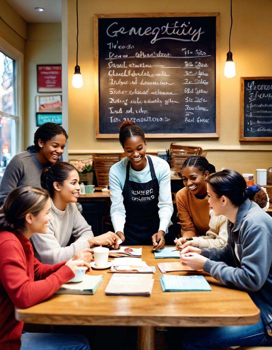 A heartwarming scene of diverse couples engaged in acts of charity, such as volunteering together, sharing donations, and discussing charitable plans in a cozy café. Include elements like a donation box overflowing with toys and food, a chalkboard with ‘Generosity Matters’ written in colorful chalk, and warm natural lighting to convey a sense of community and love. super-realistic. vibrant colors. soft focus.