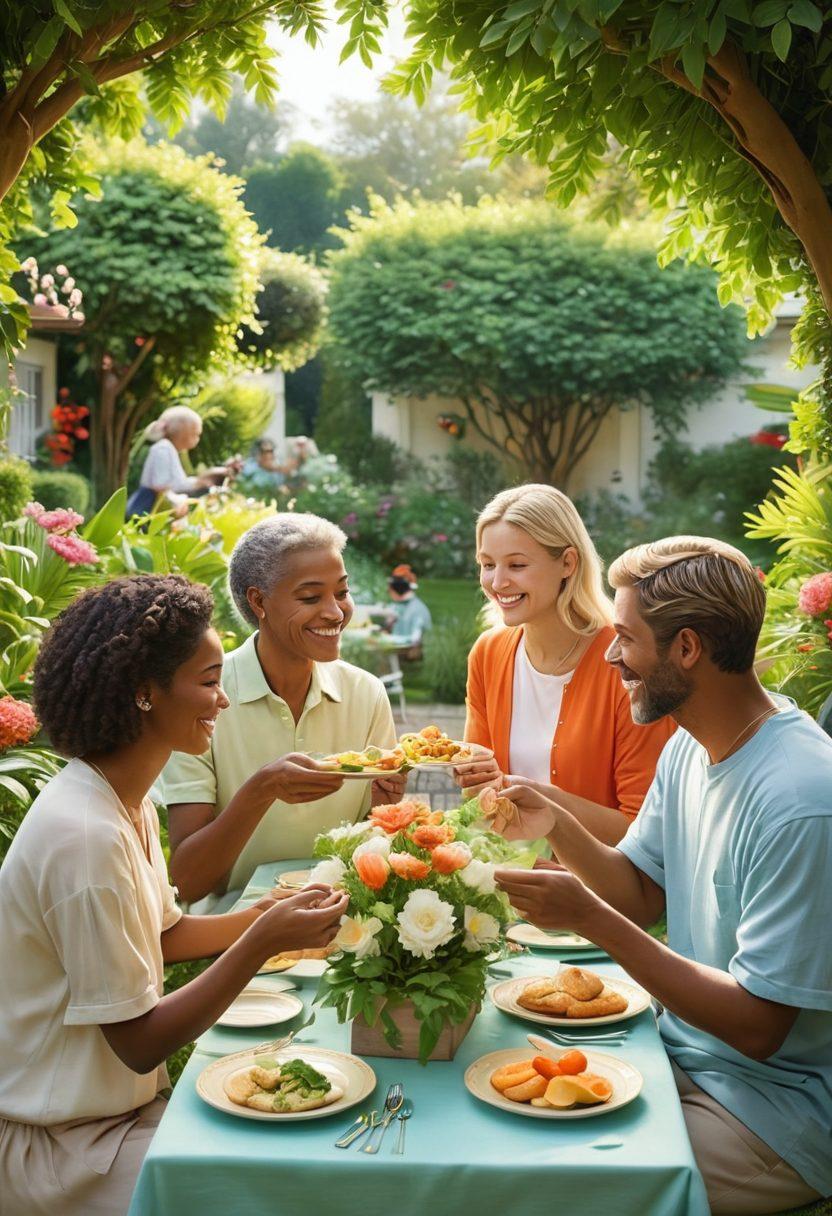 A warm-hearted scene depicting a diverse group of people sharing resources and engaging in acts of kindness, such as giving gifts and sharing meals, with a backdrop of lush green gardens symbolizing growth and nurturing love. Soft, inviting colors to evoke feelings of happiness and affection, with symbolic imagery like hearts and dollar signs woven into the design. super-realistic. vibrant colors. gentle background.